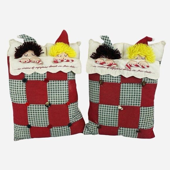 Vintage 1996 Carousel by Guy 17" Christmas Plush Pillow Set 2 Children Sugarplum - Picture 1 of 16